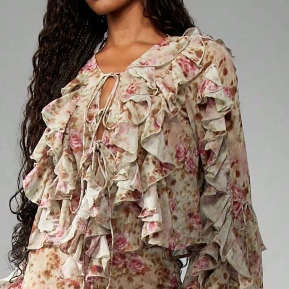 Multicolor Boho Women's Floral Ruffled Chiffon Long Sleeve Tie Front blouse - Picture 3 of 6